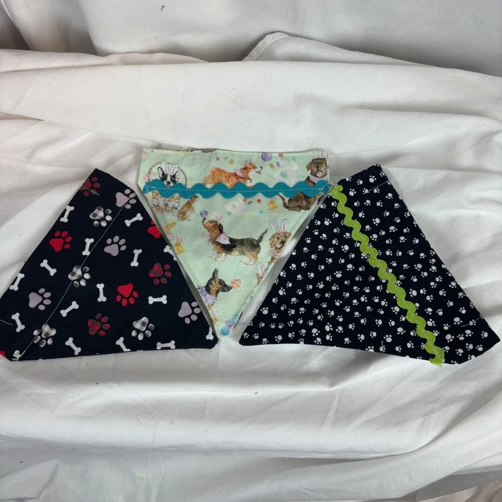 Handmade Dog Bandana Set of 3 Easter Dogs & Paws Print Rickrack‎ Trim